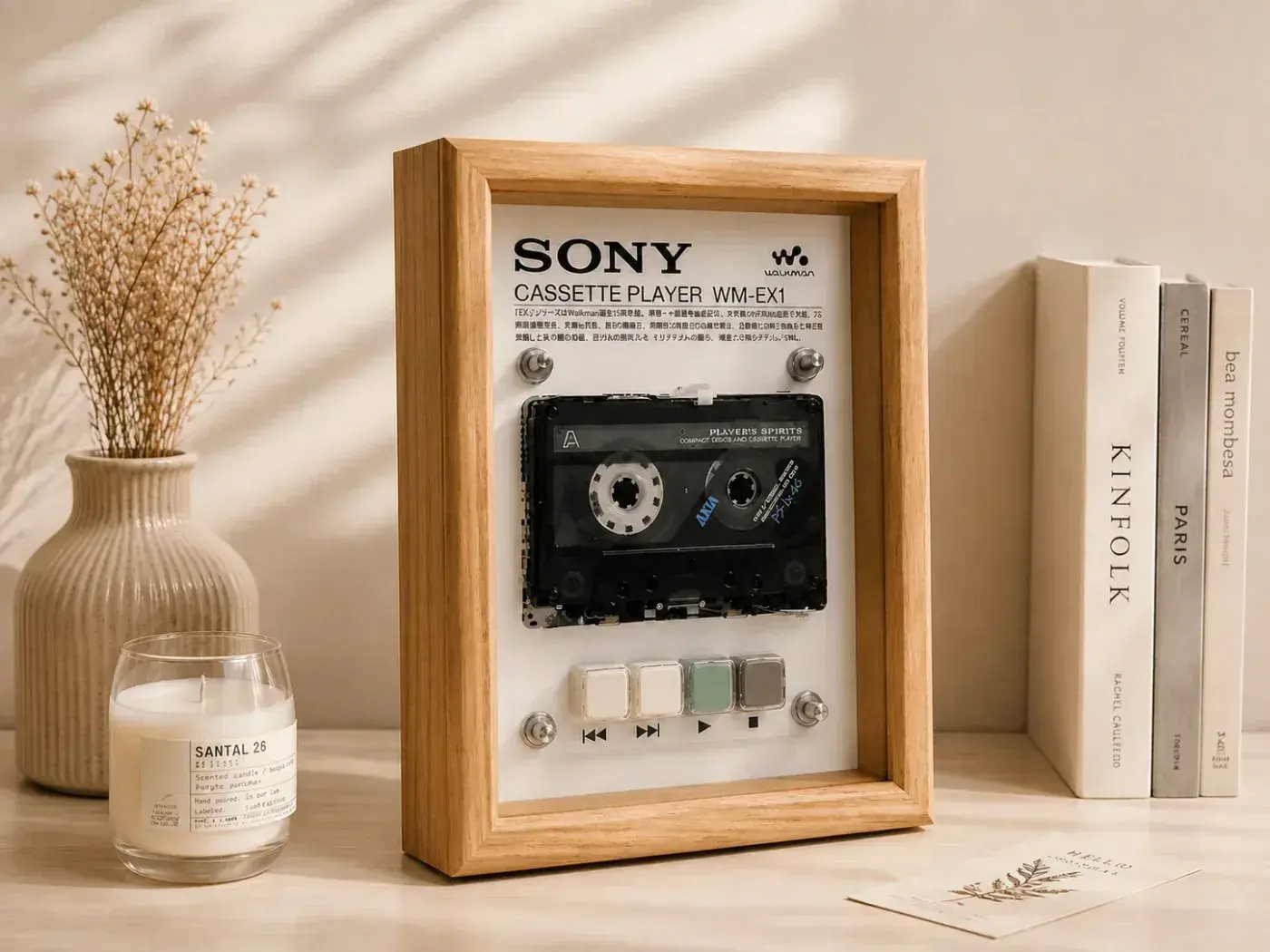 A framed WM-EX1 cassette player display piece on a wooden table