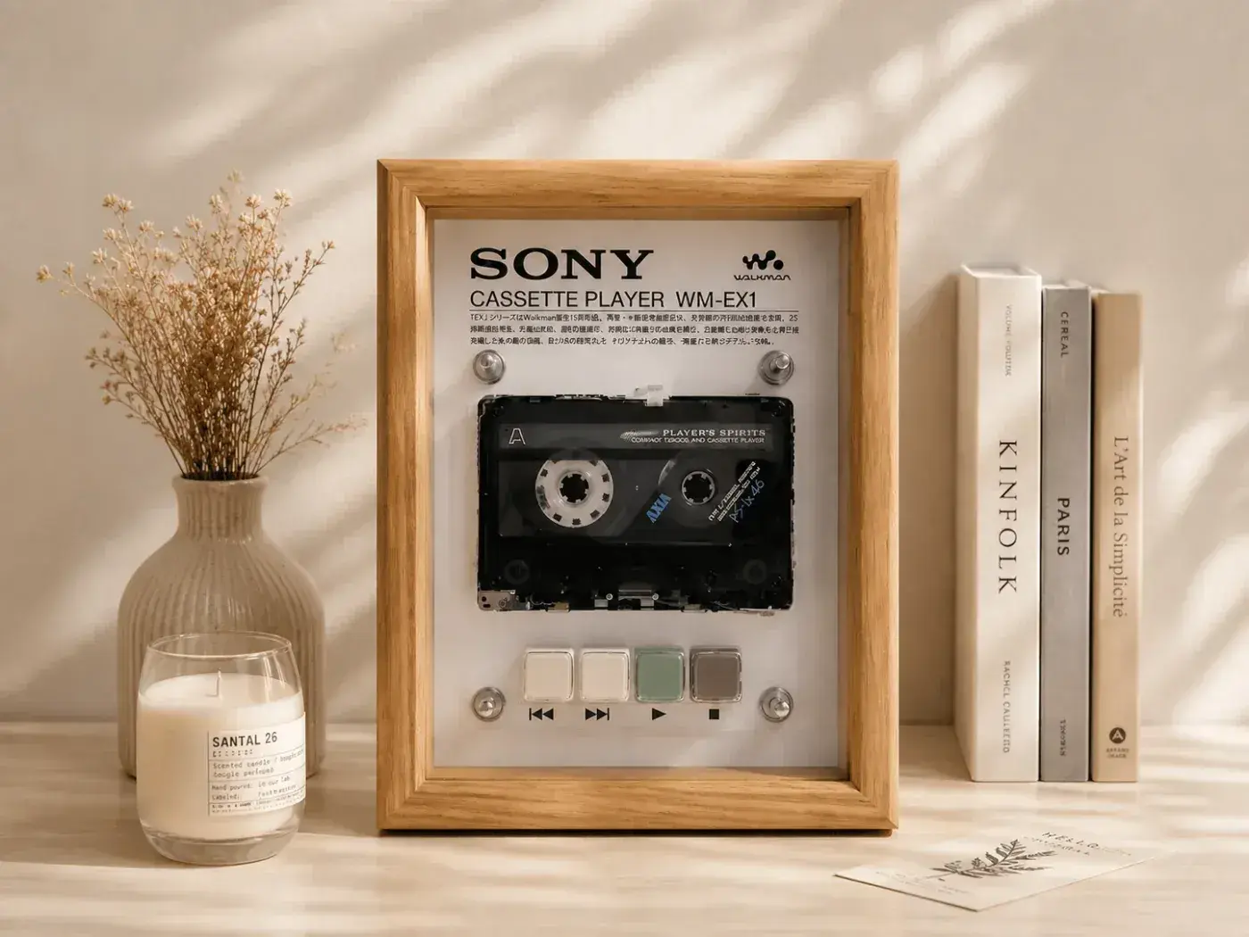 A framed WM-EX1 cassette player display piece in a calm interior